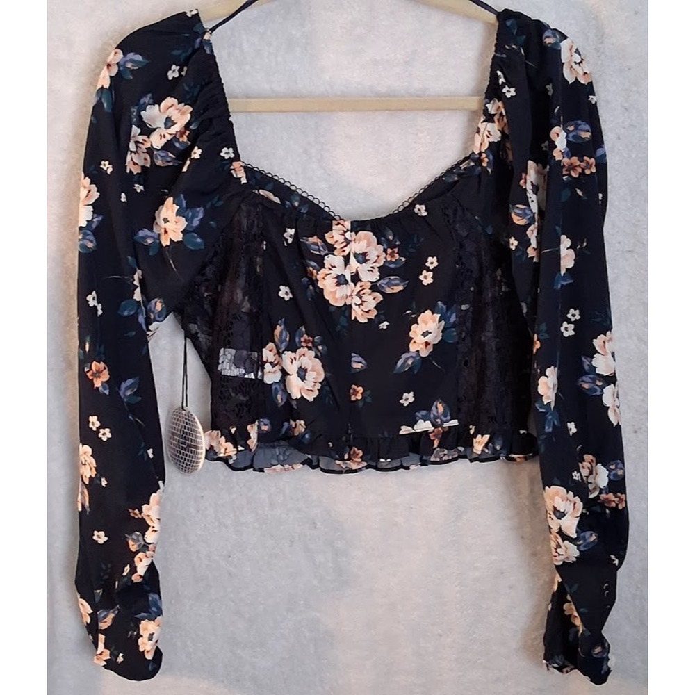 Milk & Honey Romantic Floral Cropped Top Black Lace Long Sleeve NWT